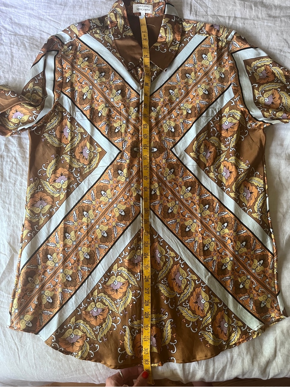 Chasing Unicorns 🍁 Lost In The Music Silk Satin Oversized Shirt sz L - Picture 17 of 17